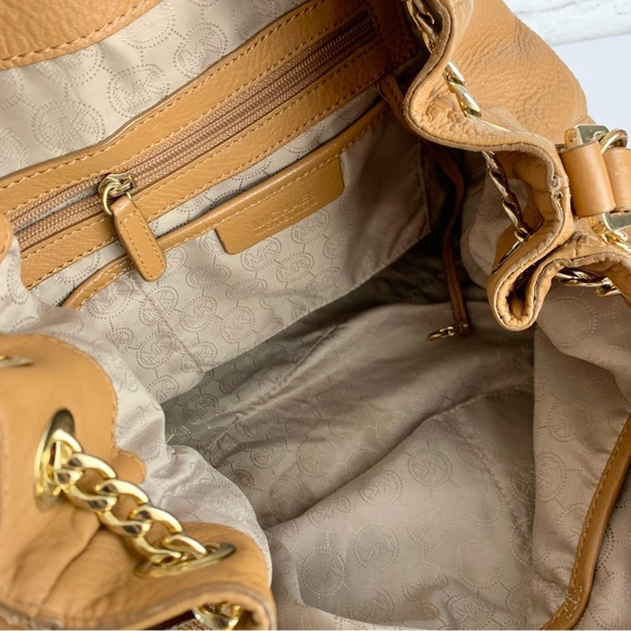 Michael Kors Gold Chain Jet Set Drawstring Tan Brown Leather Satchel Purse - Picture 9 of 12